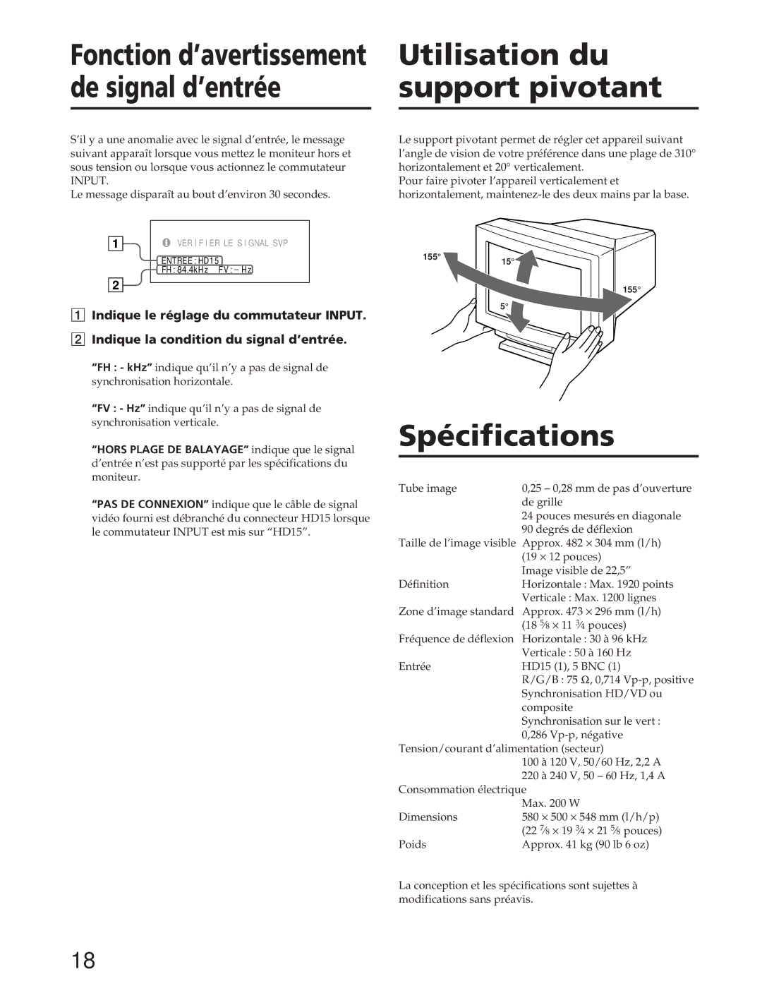 Sony GDM-W900 operating instructions Utilisation du, De signal d’entrée Support pivotant, Spécifications 