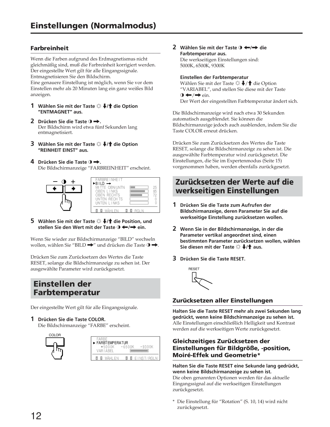 Sony GDM-W900 Zurücksetzen der Werte auf die Werkseitigen Einstellungen, Einstellen der Farbtemperatur, Farbreinheit 