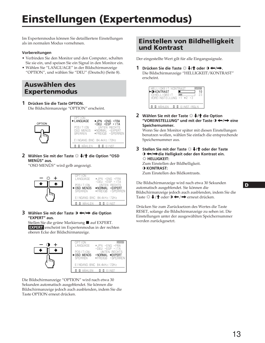 Sony GDM-W900 Einstellungen Expertenmodus, Auswählen des Expertenmodus, Einstellen von Bildhelligkeit Und Kontrast 