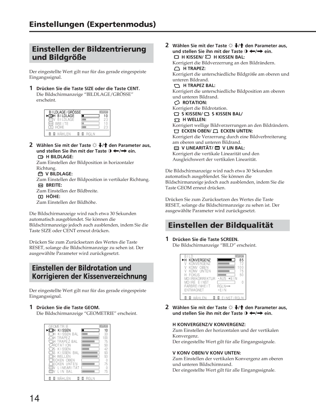 Sony GDM-W900 Bildlage, Breite, Höhe, KISSEN/ H Kissen BAL, Trapez BAL, KISSEN/ S Kissen BAL Wellen 