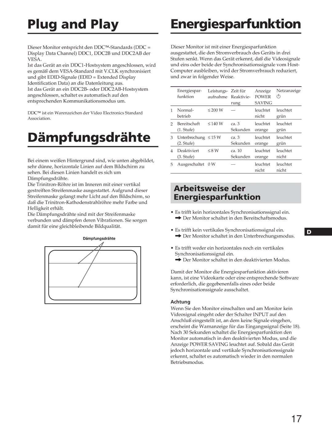 Sony GDM-W900 Plug and Play Energiesparfunktion, Dämpfungsdrähte, Arbeitsweise der Energiesparfunktion, Achtung 