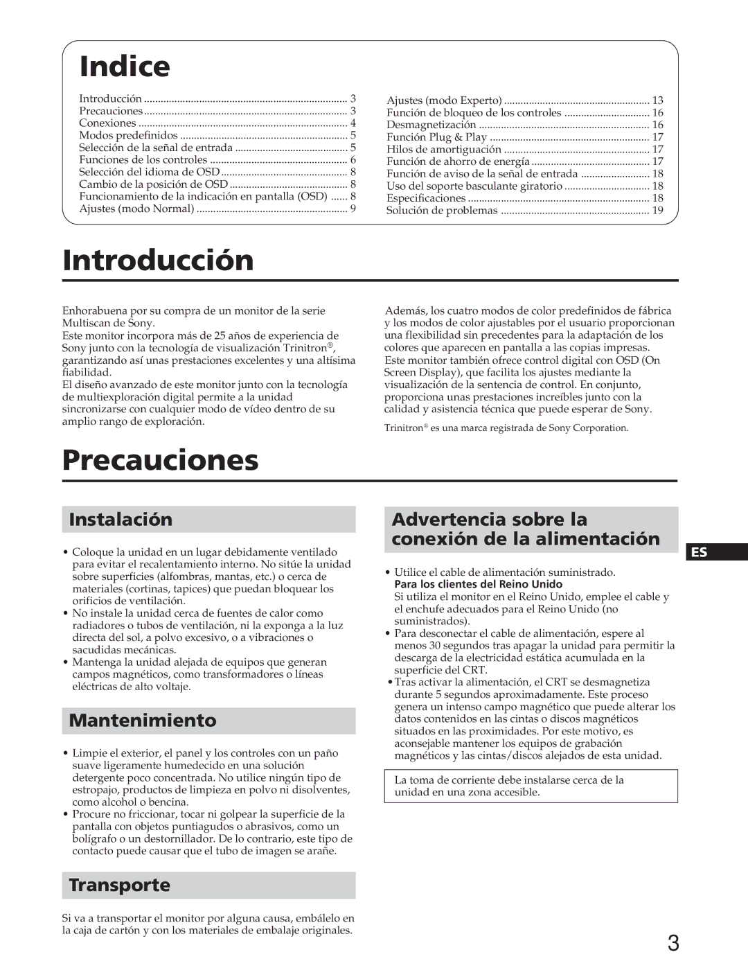 Sony GDM-W900 operating instructions Indice, Introducción, Precauciones 