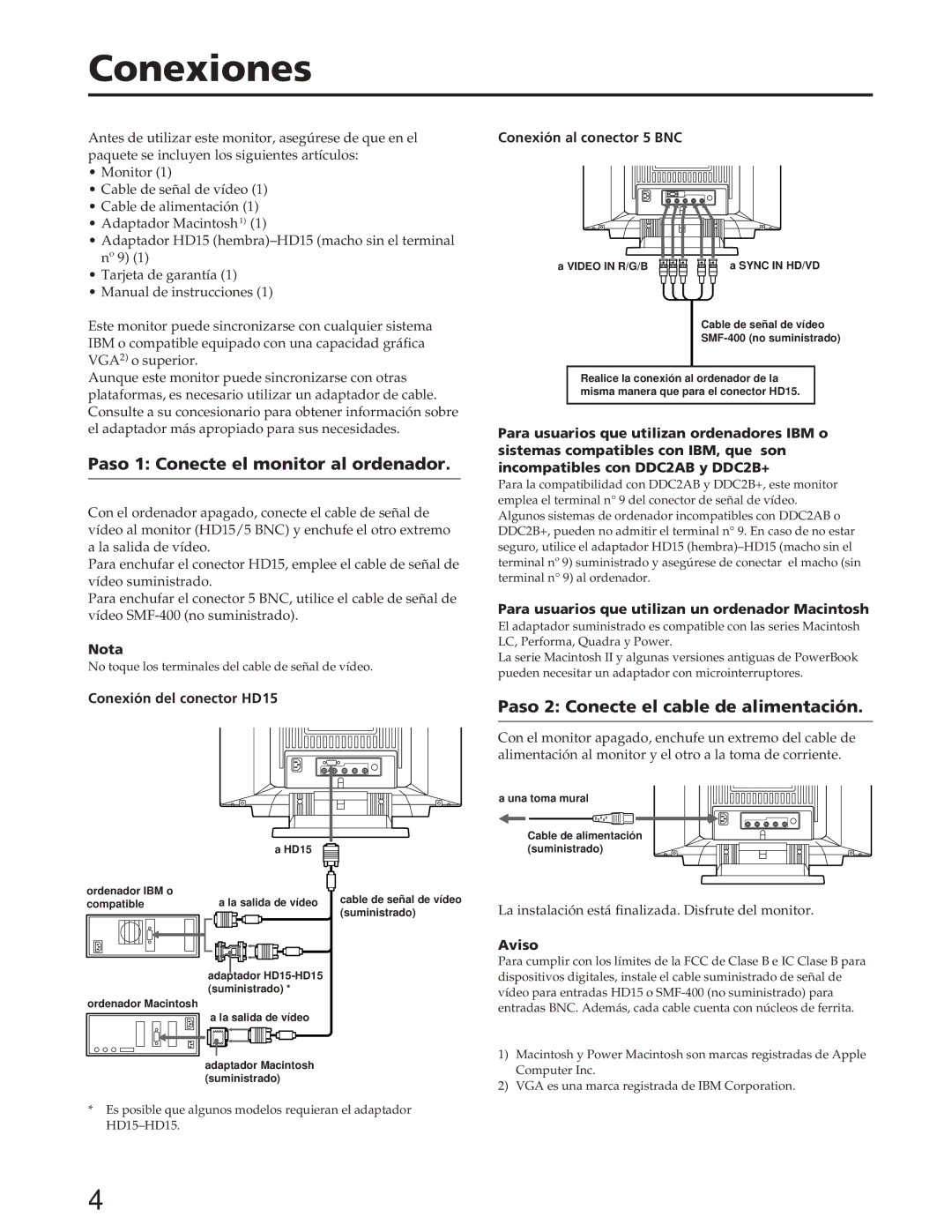 Sony GDM-W900 Conexiones, Paso 1 Conecte el monitor al ordenador, Paso 2 Conecte el cable de alimentación 