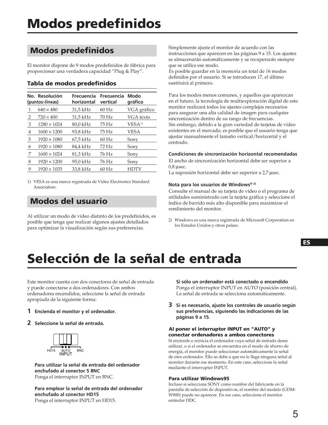 Sony GDM-W900 Modos predefinidos, Selección de la señal de entrada, Modos del usuario, Tabla de modos predefinidos 