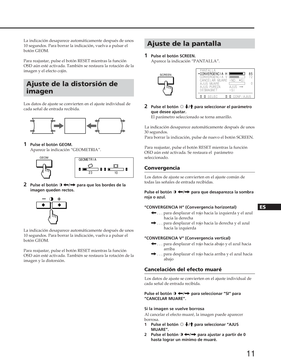 Sony GDM-W900 Ajuste de la distorsión de Imagen, Ajuste de la pantalla, Convergencia, Cancelación del efecto muaré 