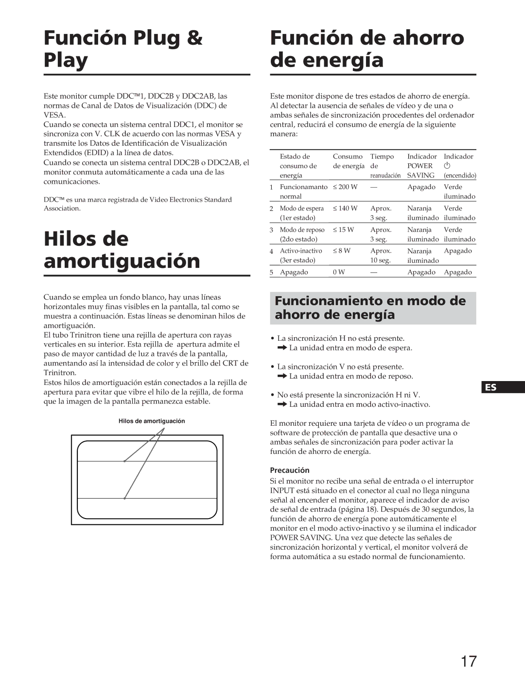 Sony GDM-W900 operating instructions Función Plug & Play, Hilos de amortiguación, Función de ahorro de energía, Precaución 