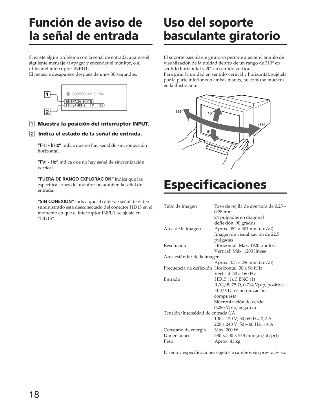 Sony GDM-W900 operating instructions Especificaciones 