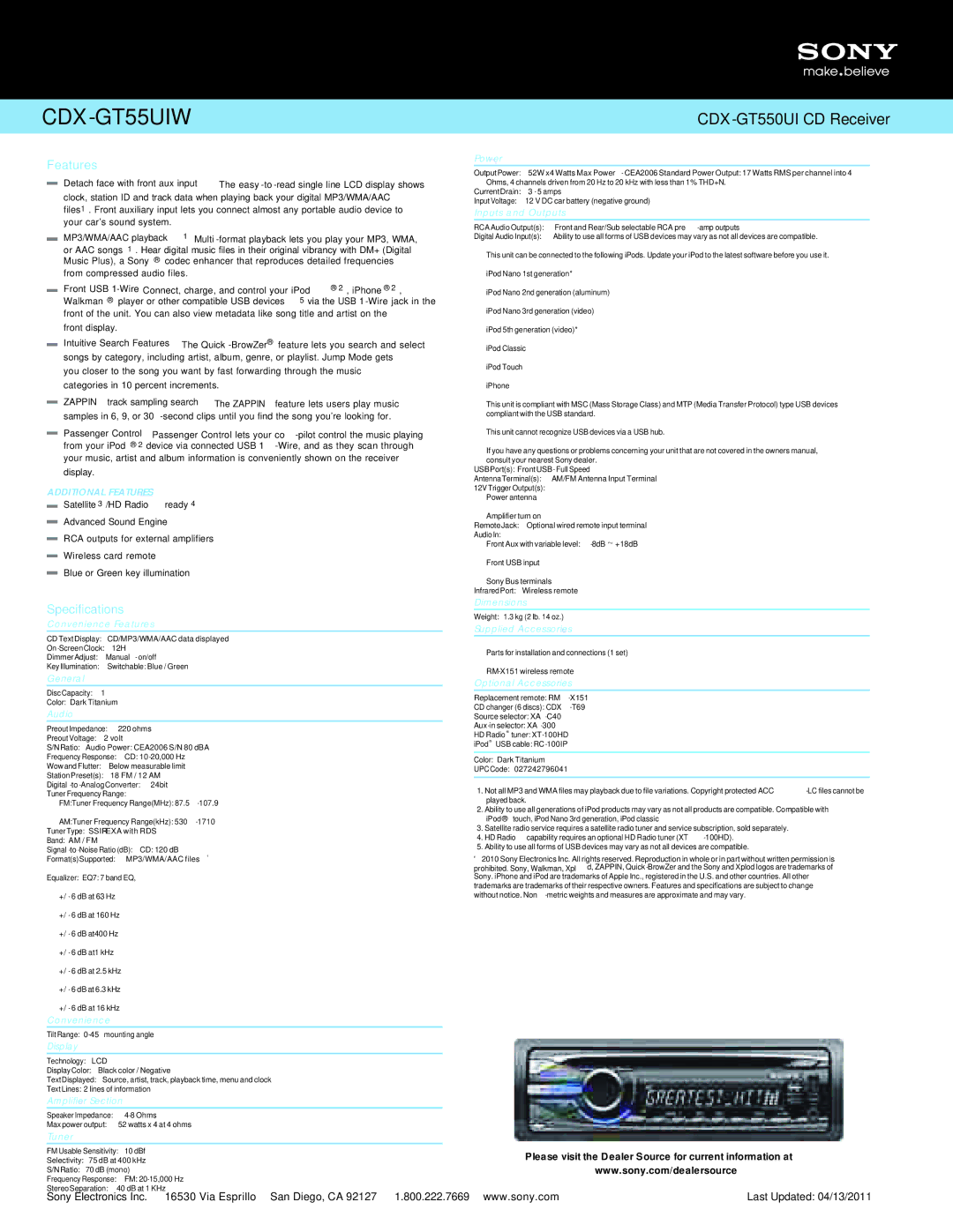 Sony GT55UIW, GT550UI manual Features, Specifications 