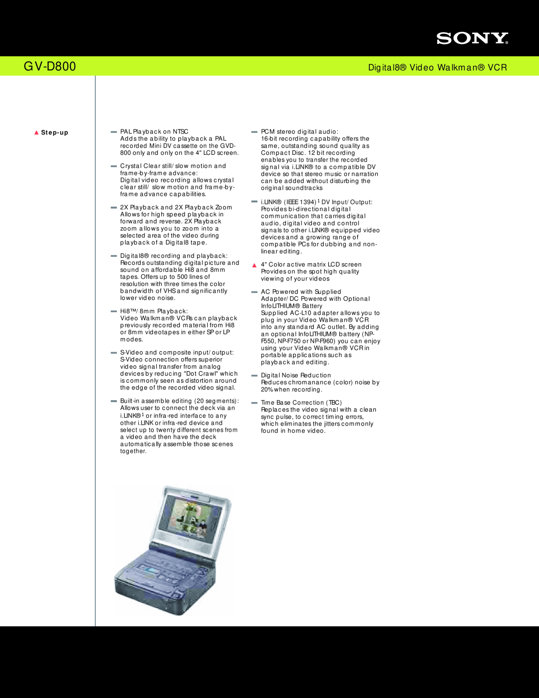Sony DIGITAL8 manual GV-D800, Digital8 Video Walkman VCR, Step-up 