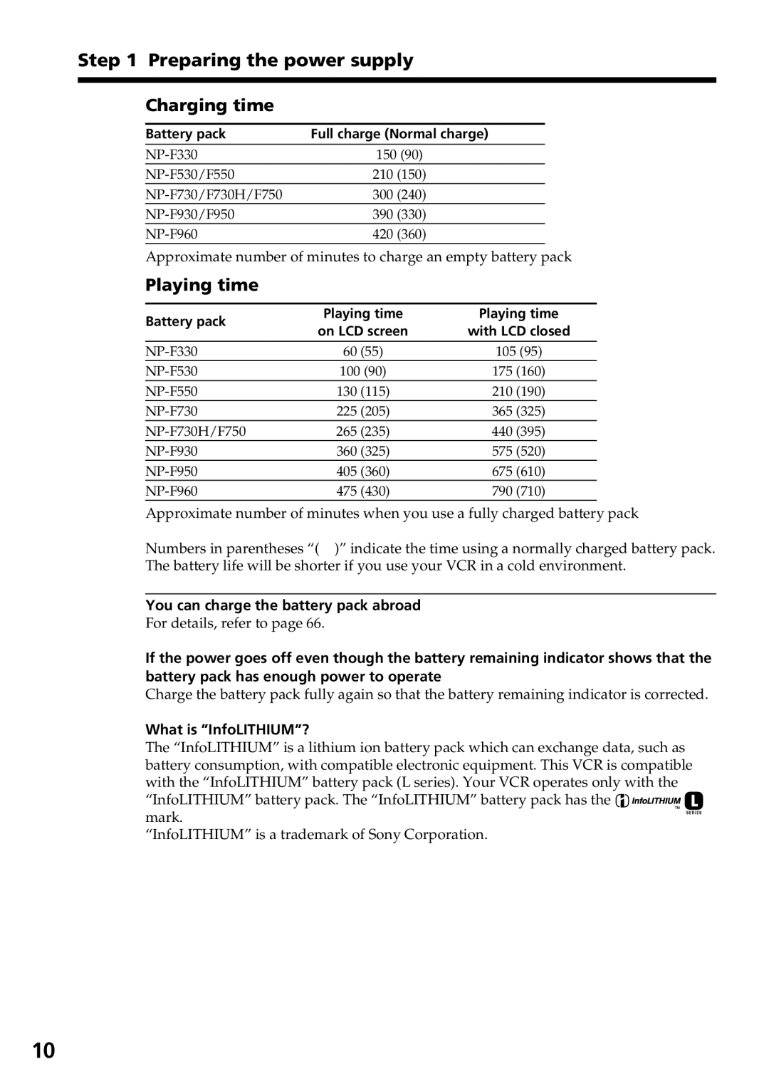 Sony GV-D800 manual Preparing the power supply Charging time, Playing time, You can charge the battery pack abroad 