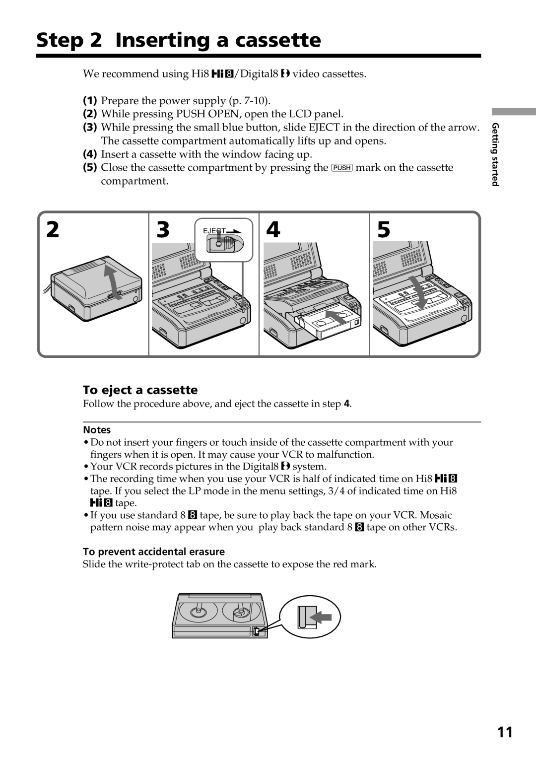 Sony GV-D800 manual Inserting a cassette, To eject a cassette, To prevent accidental erasure 