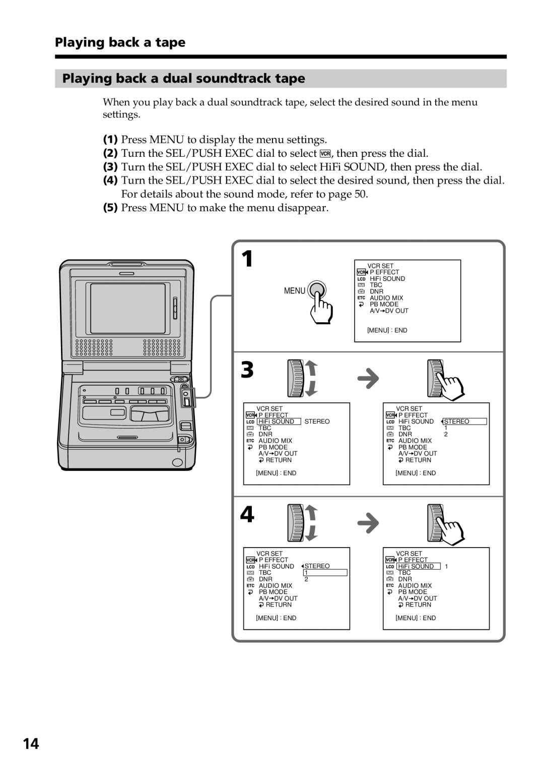 Sony GV-D800 manual Playing back a tape Playing back a dual soundtrack tape, Menu 