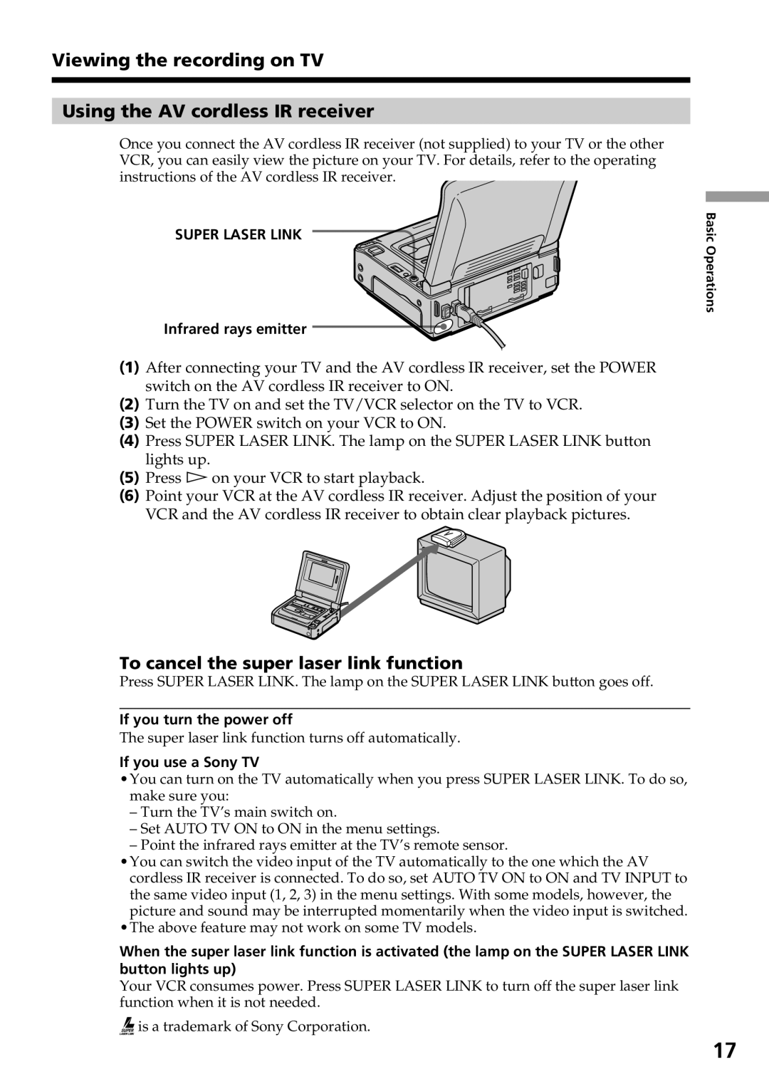 Sony GV-D800 manual To cancel the super laser link function, Infrared rays emitter, If you turn the power off 