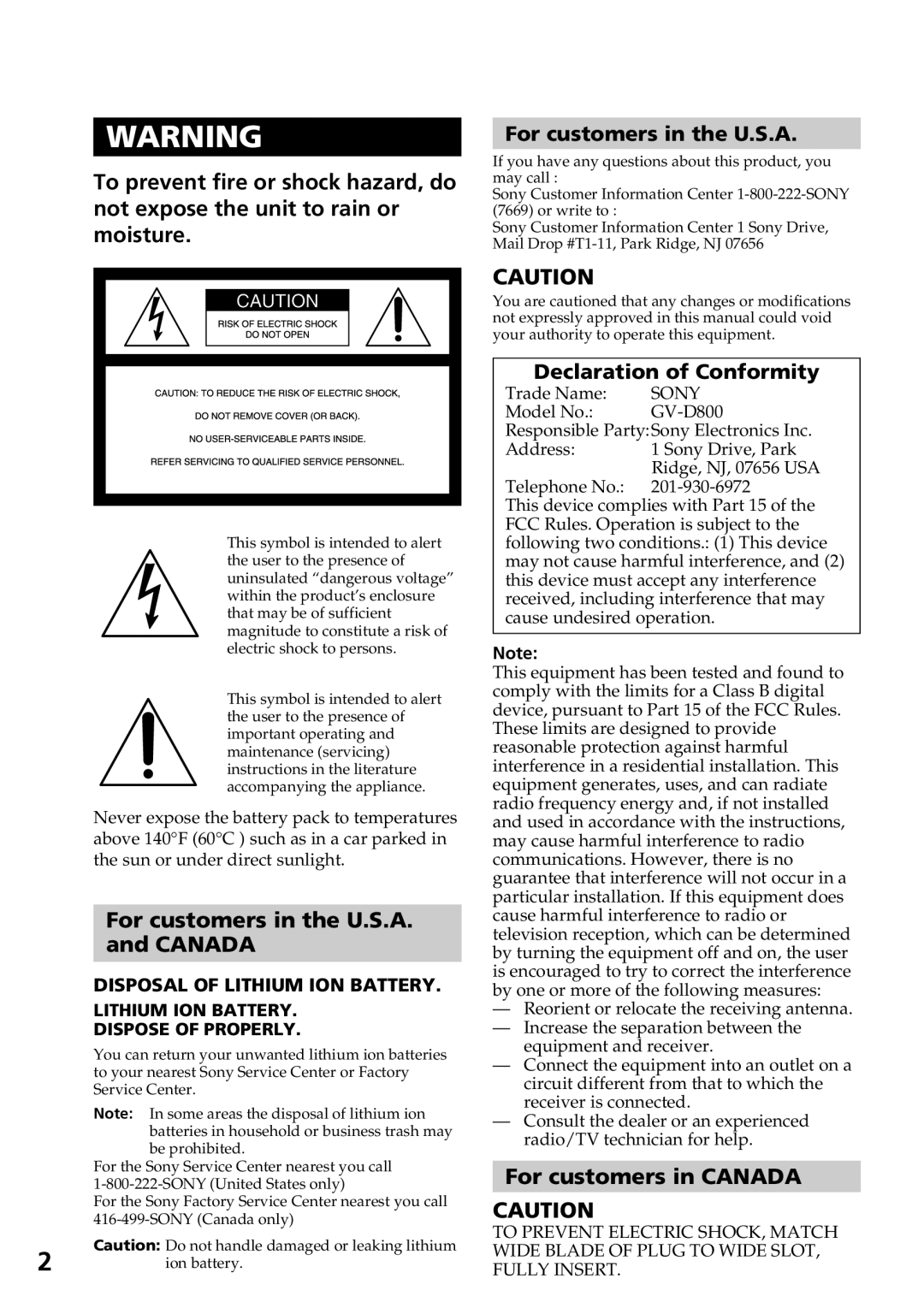 Sony GV-D800 manual For customers in the U.S.A Canada, Declaration of Conformity, For customers in Canada 