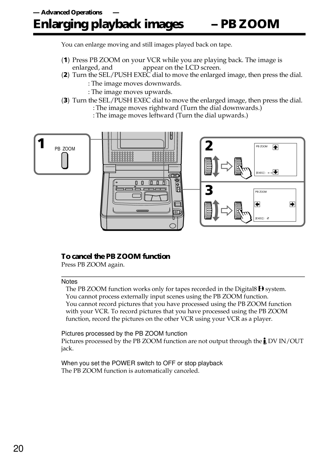 Sony GV-D800 manual Enlarging playback images PB Zoom, To cancel the PB Zoom function, Advanced Operations 