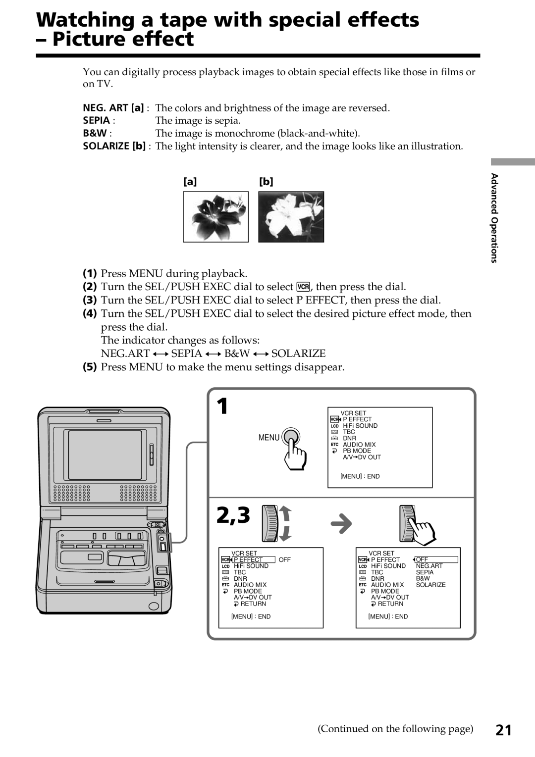 Sony GV-D800 manual Watching a tape with special effects Picture effect, Advanced Operations 