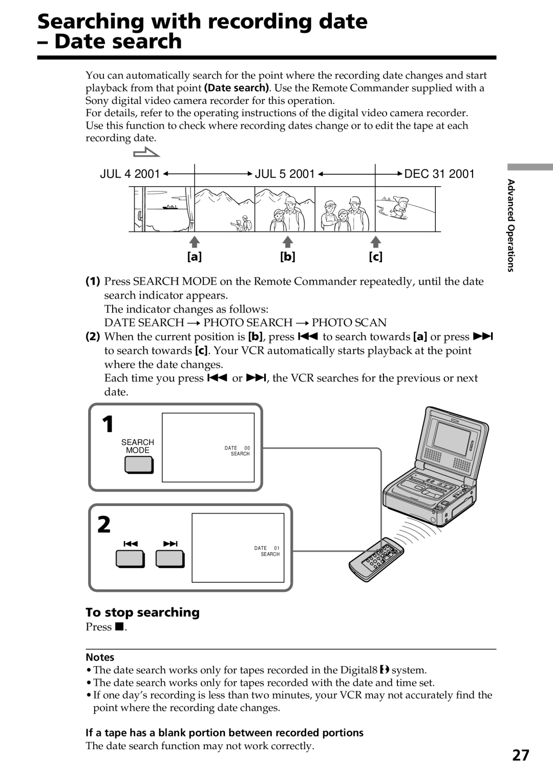 Sony GV-D800 manual Searching with recording date Date search, To stop searching 