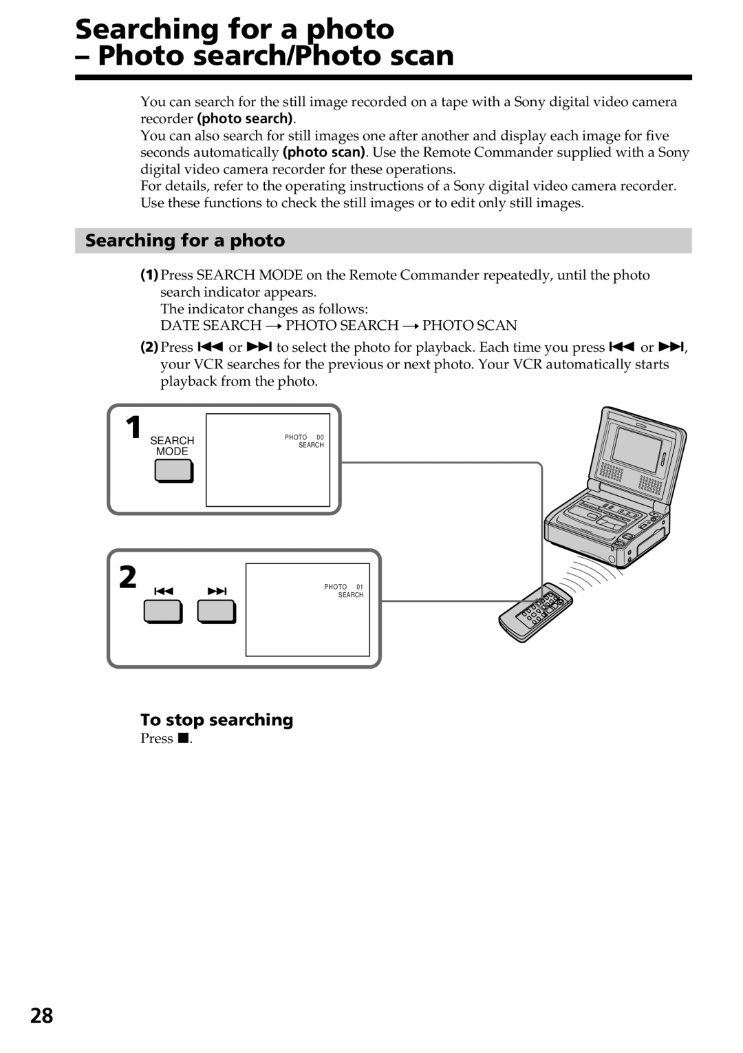 Sony GV-D800 manual Searching for a photo Photo search/Photo scan 