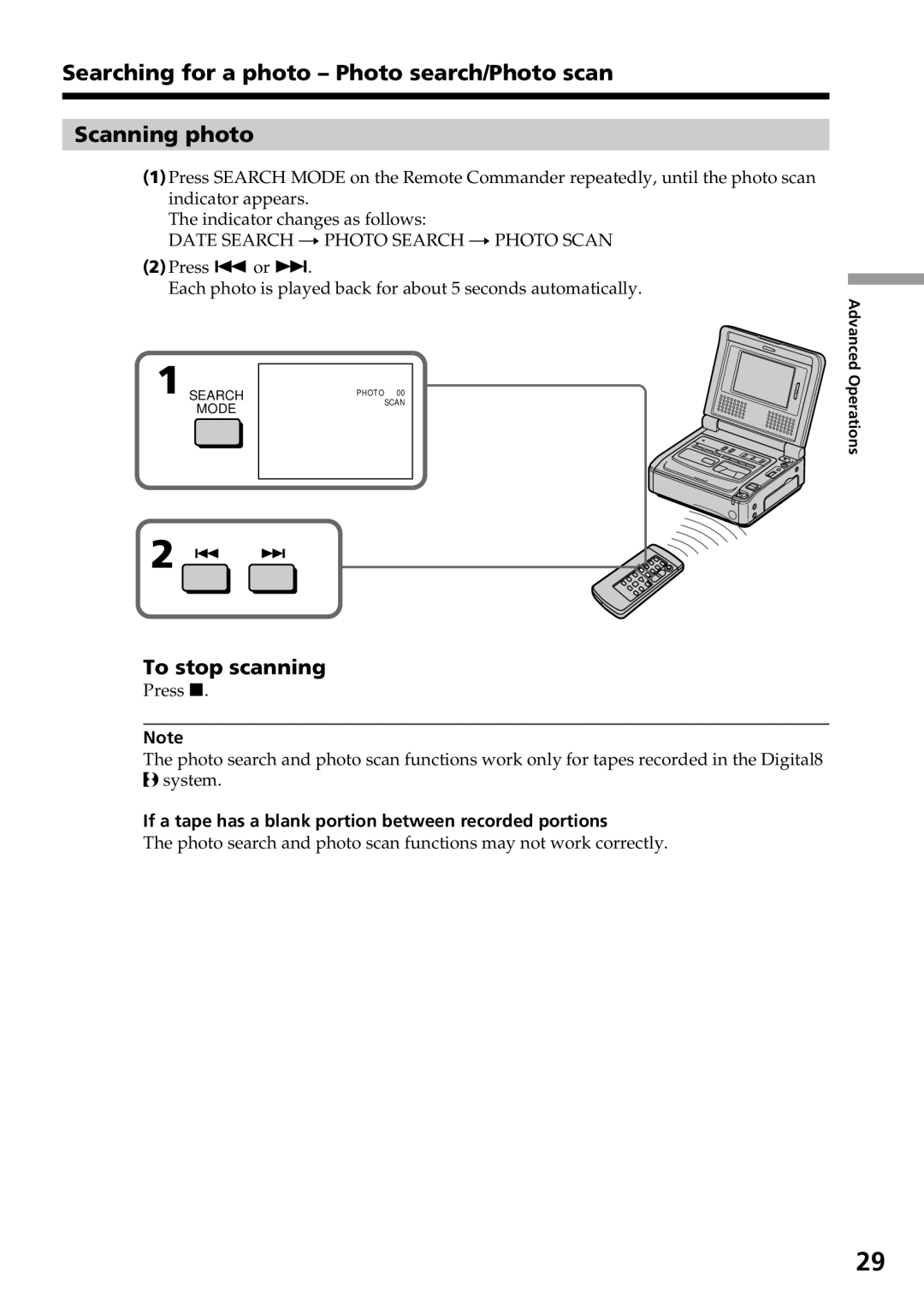 Sony GV-D800 manual Searching for a photo Photo search/Photo scan Scanning photo, To stop scanning 