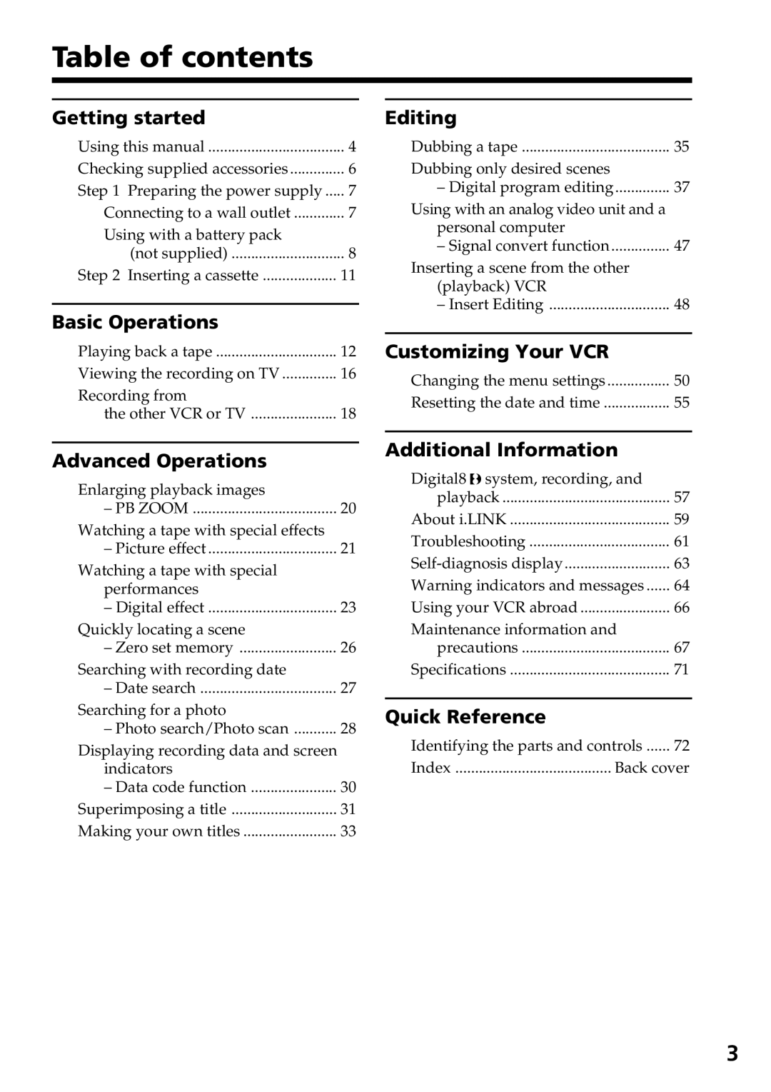 Sony GV-D800 manual Table of contents 