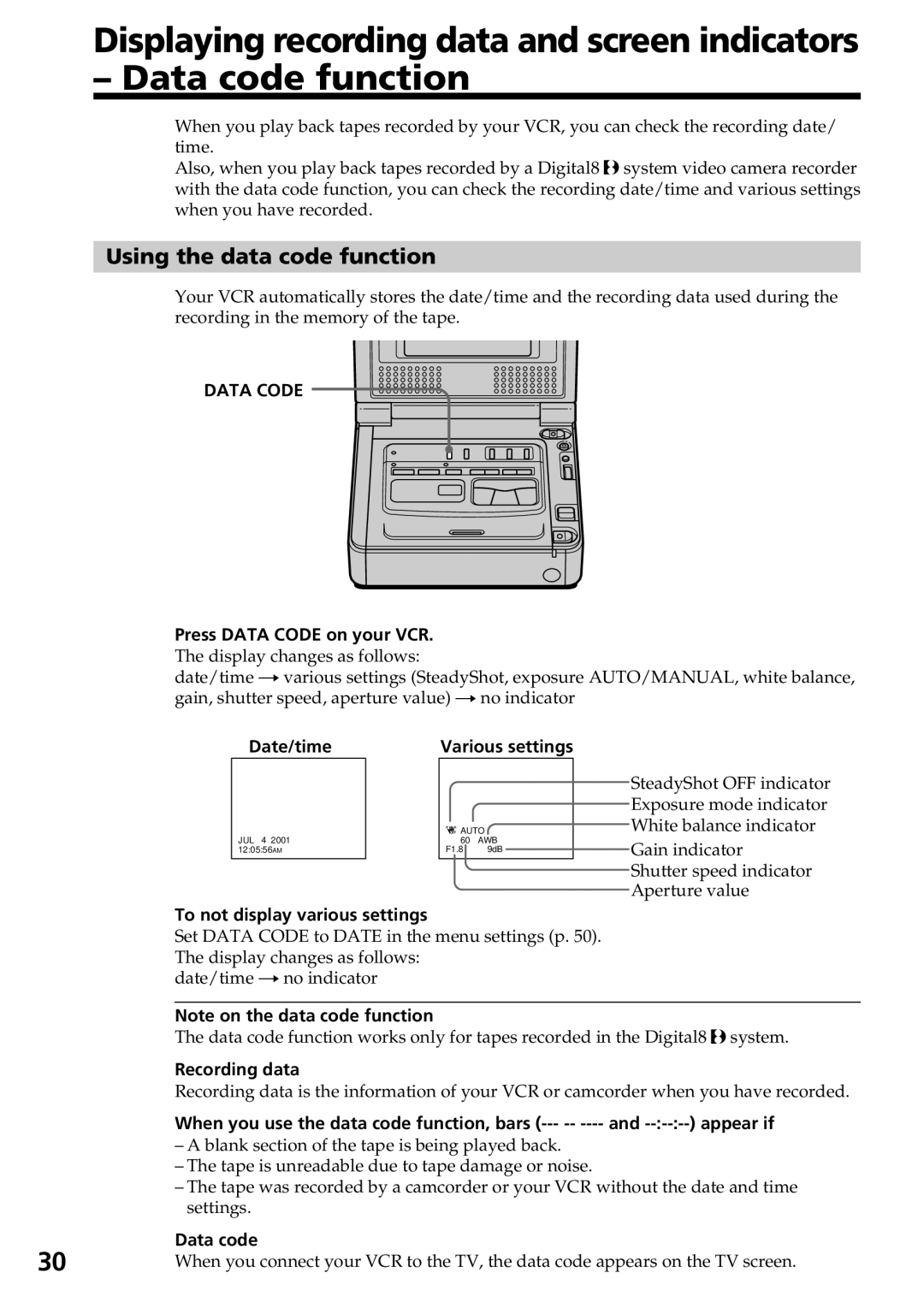 Sony GV-D800 manual Using the data code function, Date/time, To not display various settings, Recording data, Data code 