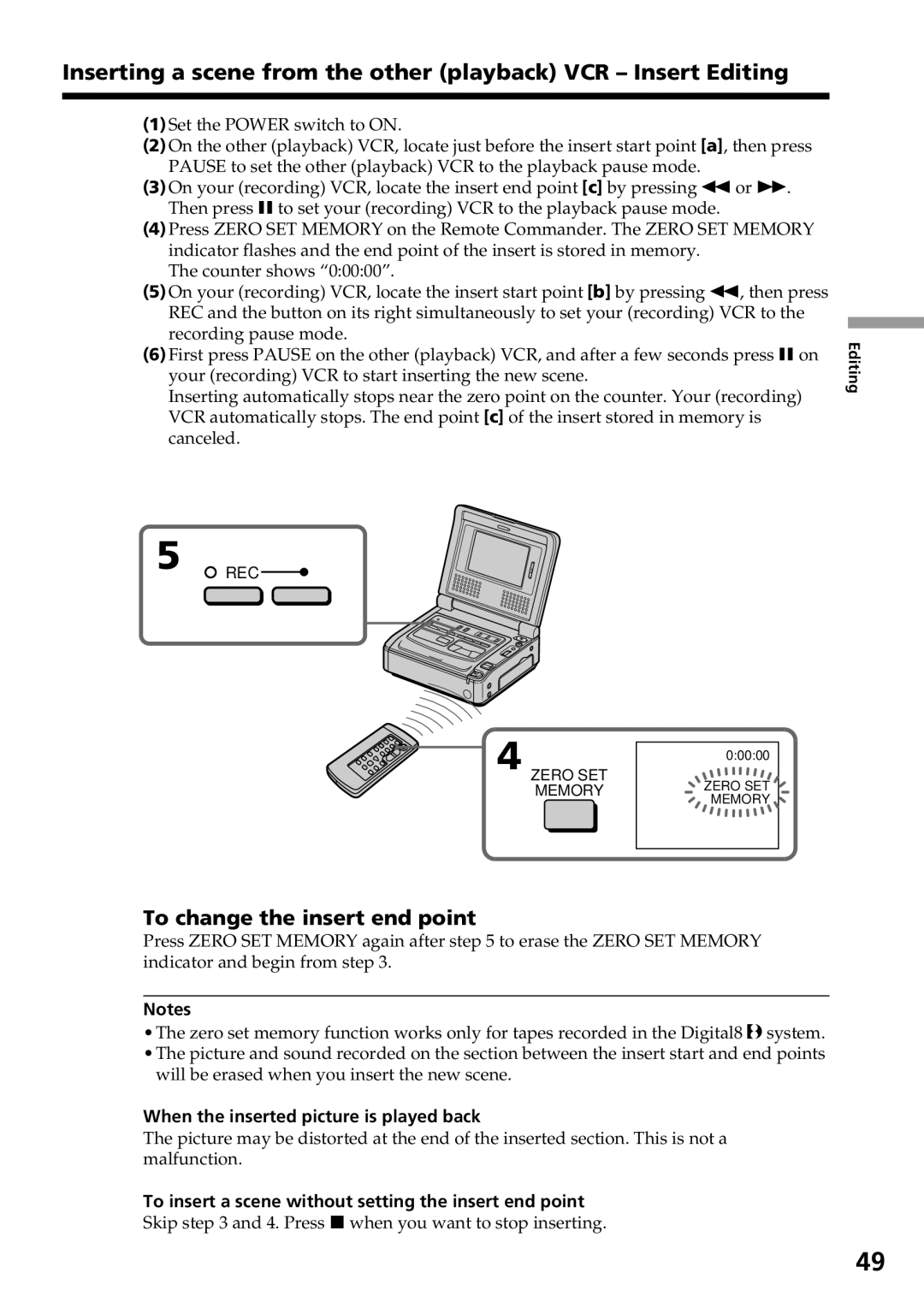 Sony GV-D800 manual To change the insert end point, When the inserted picture is played back 