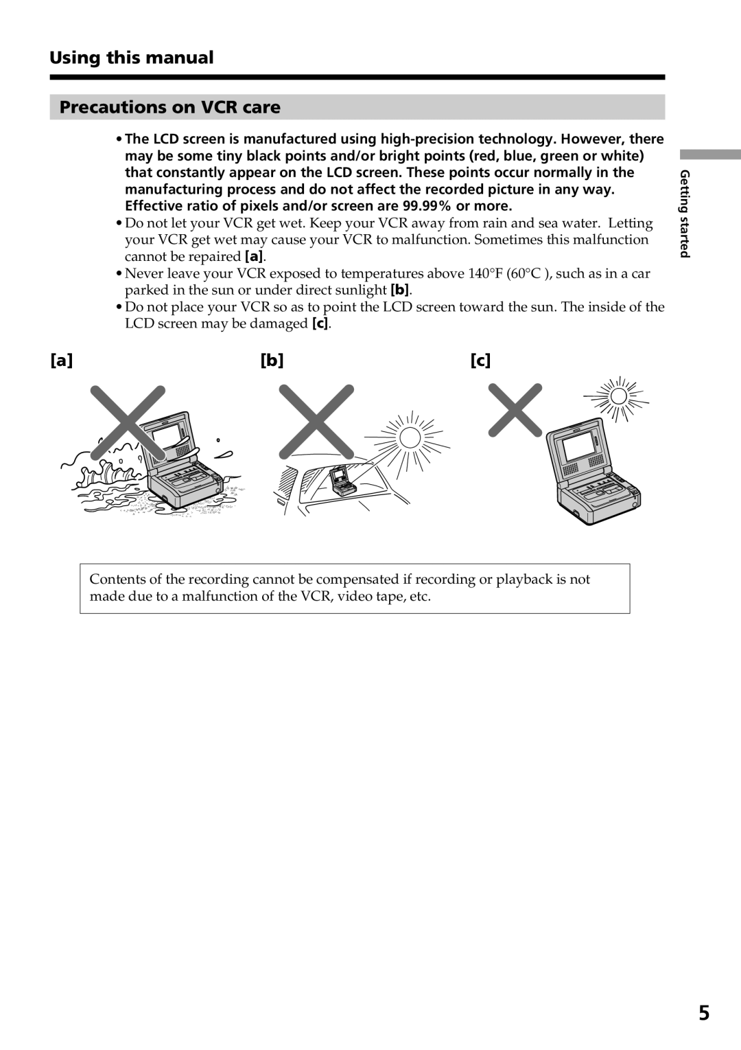 Sony GV-D800 Using this manual Precautions on VCR care, Effective ratio of pixels and/or screen are 99.99% or more 