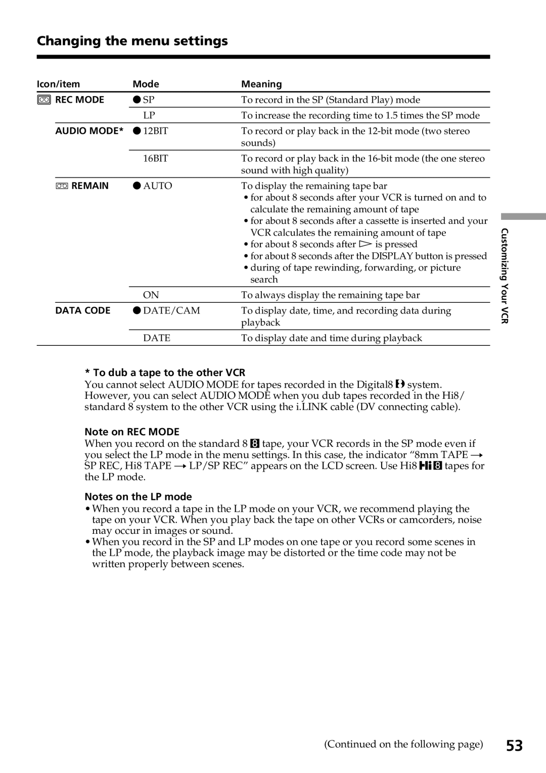 Sony GV-D800 manual To dub a tape to the other VCR, REC Mode 