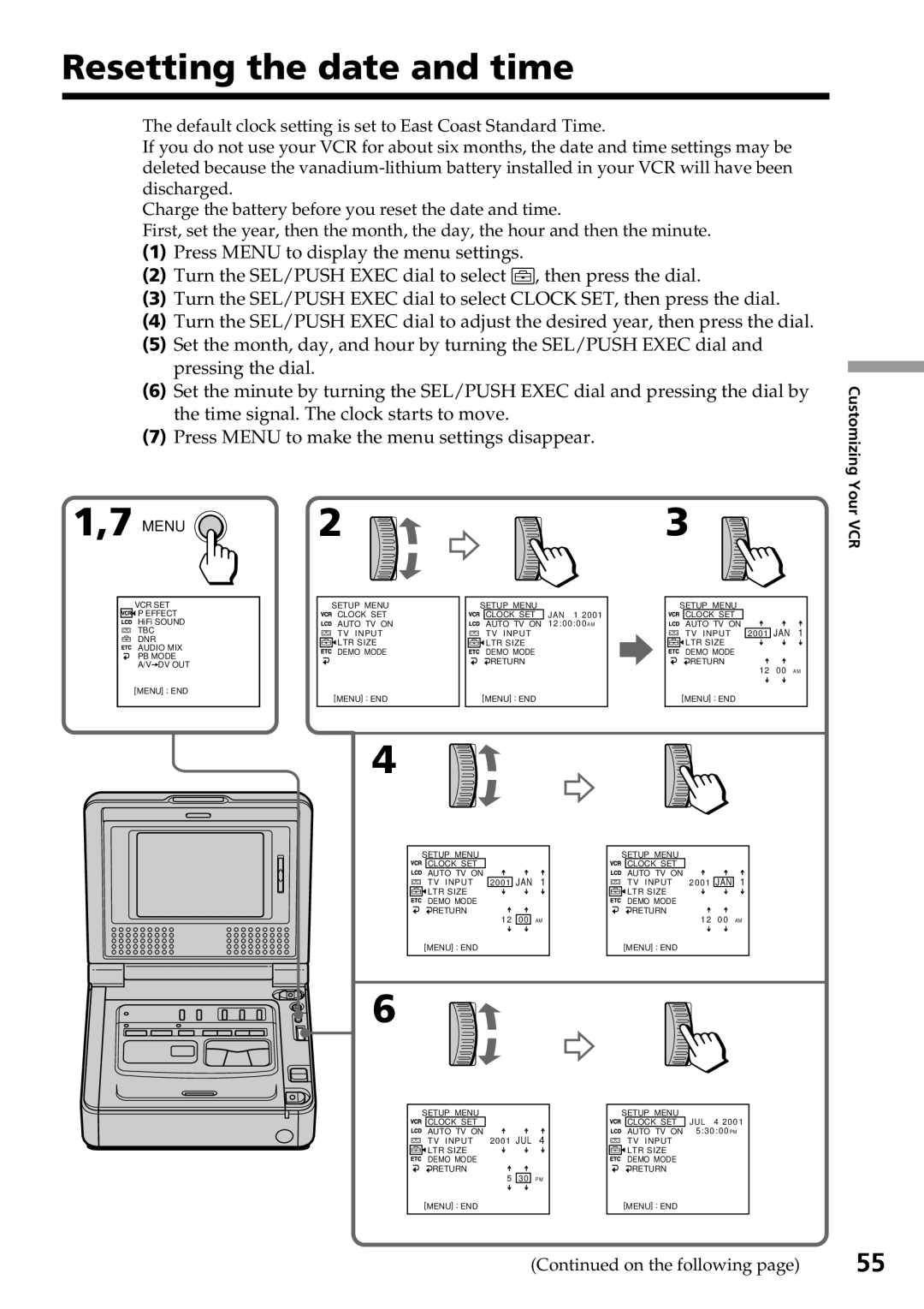 Sony GV-D800 manual Menu, Resetting the date and time 