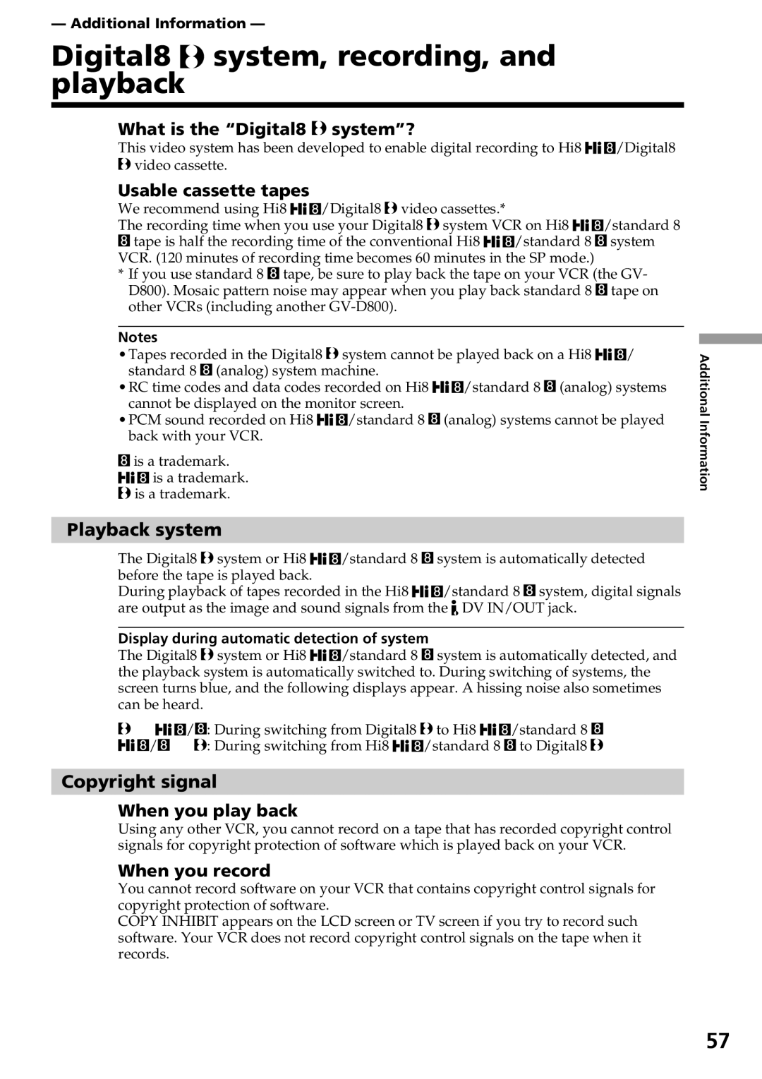 Sony GV-D800 manual Digital8 system, recording, and playback 