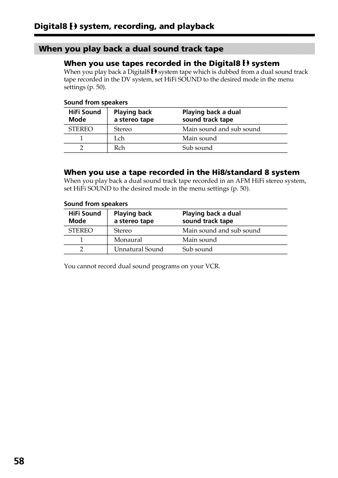 Sony GV-D800 manual When you use a tape recorded in the Hi8/standard 8 system 