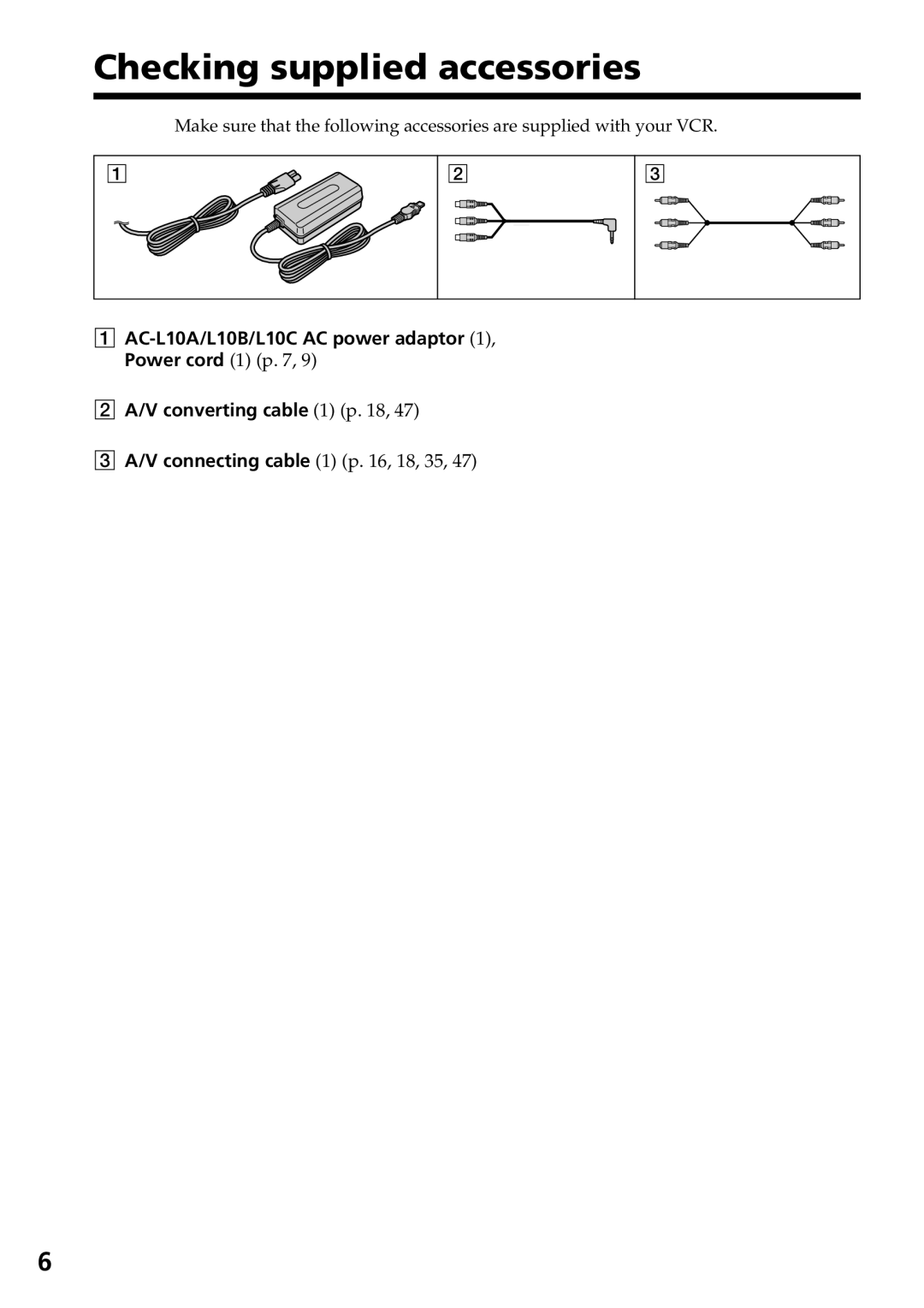 Sony GV-D800 manual Checking supplied accessories, AC-L10A/L10B/L10C AC power adaptor, V converting cable 1 p 