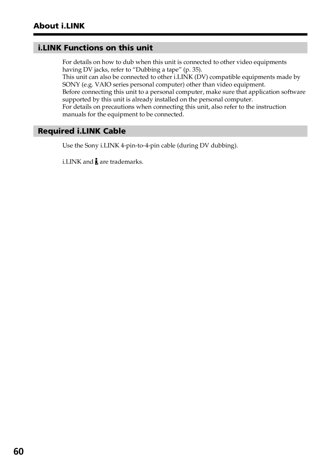 Sony GV-D800 manual About i.LINK Link Functions on this unit, Required i.LINK Cable 