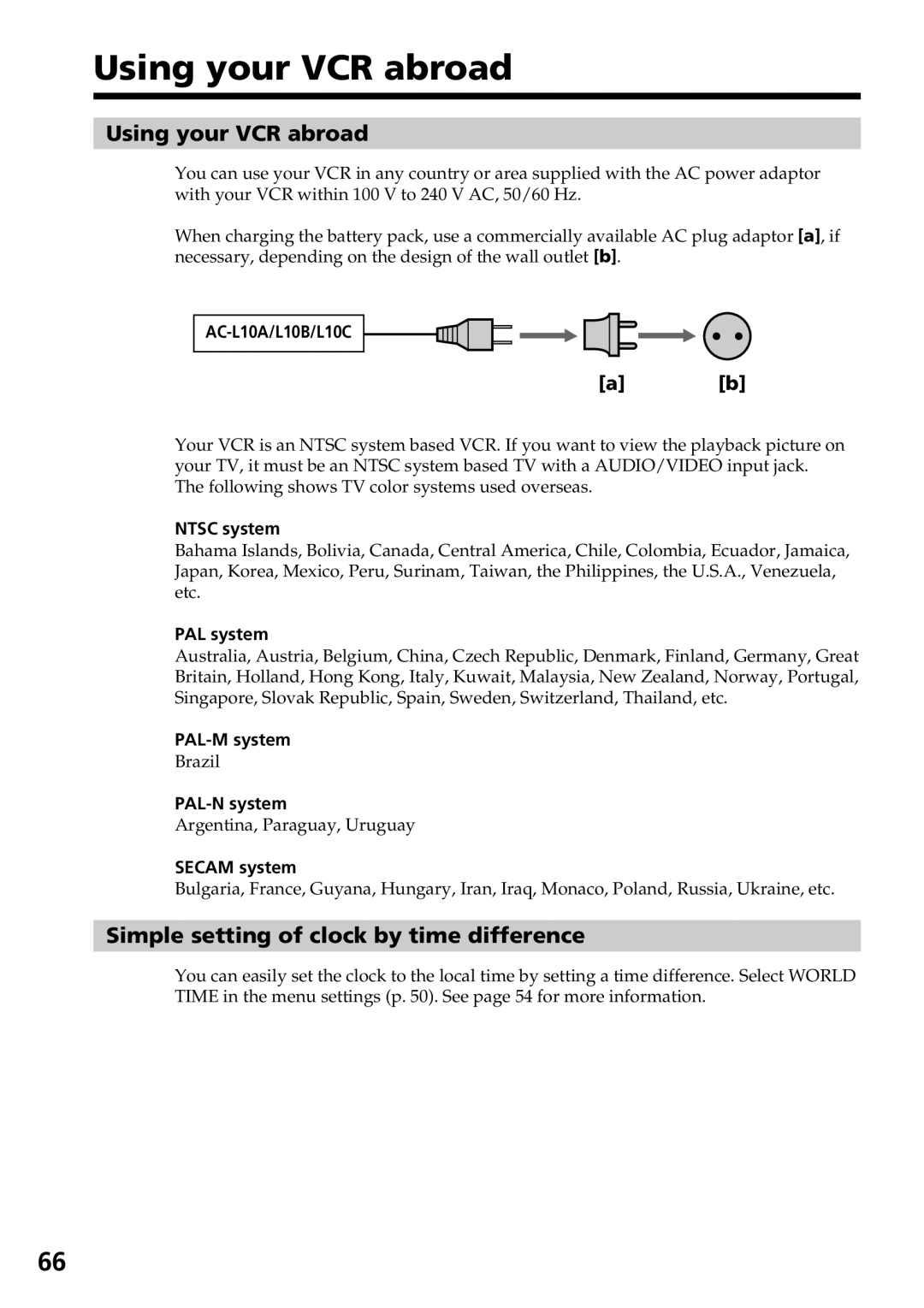 Sony GV-D800 manual Using your VCR abroad, Simple setting of clock by time difference 