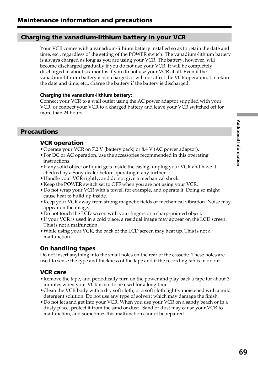 Sony GV-D800 manual Precautions VCR operation, On handling tapes, VCR care, Charging the vanadium-lithium battery 