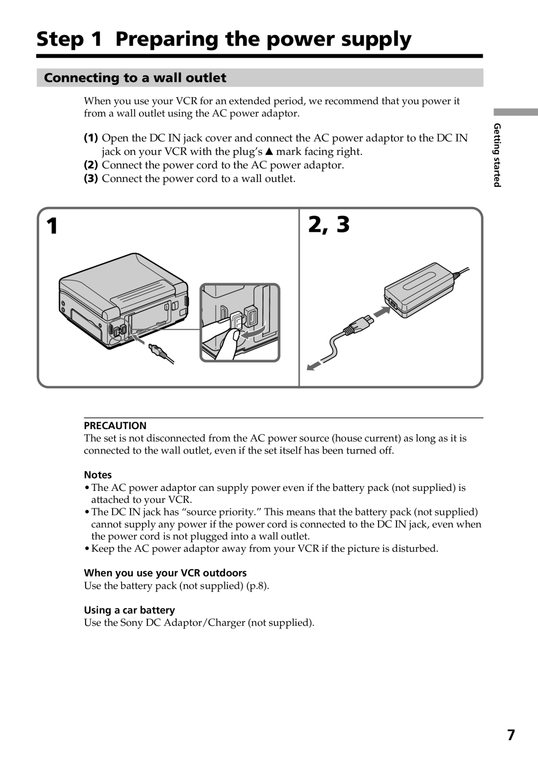 Sony GV-D800 Preparing the power supply, Connecting to a wall outlet, When you use your VCR outdoors, Using a car battery 