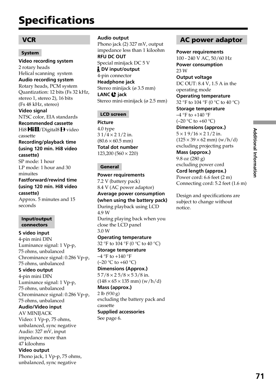 Sony GV-D800 manual Specifications, Vcr 