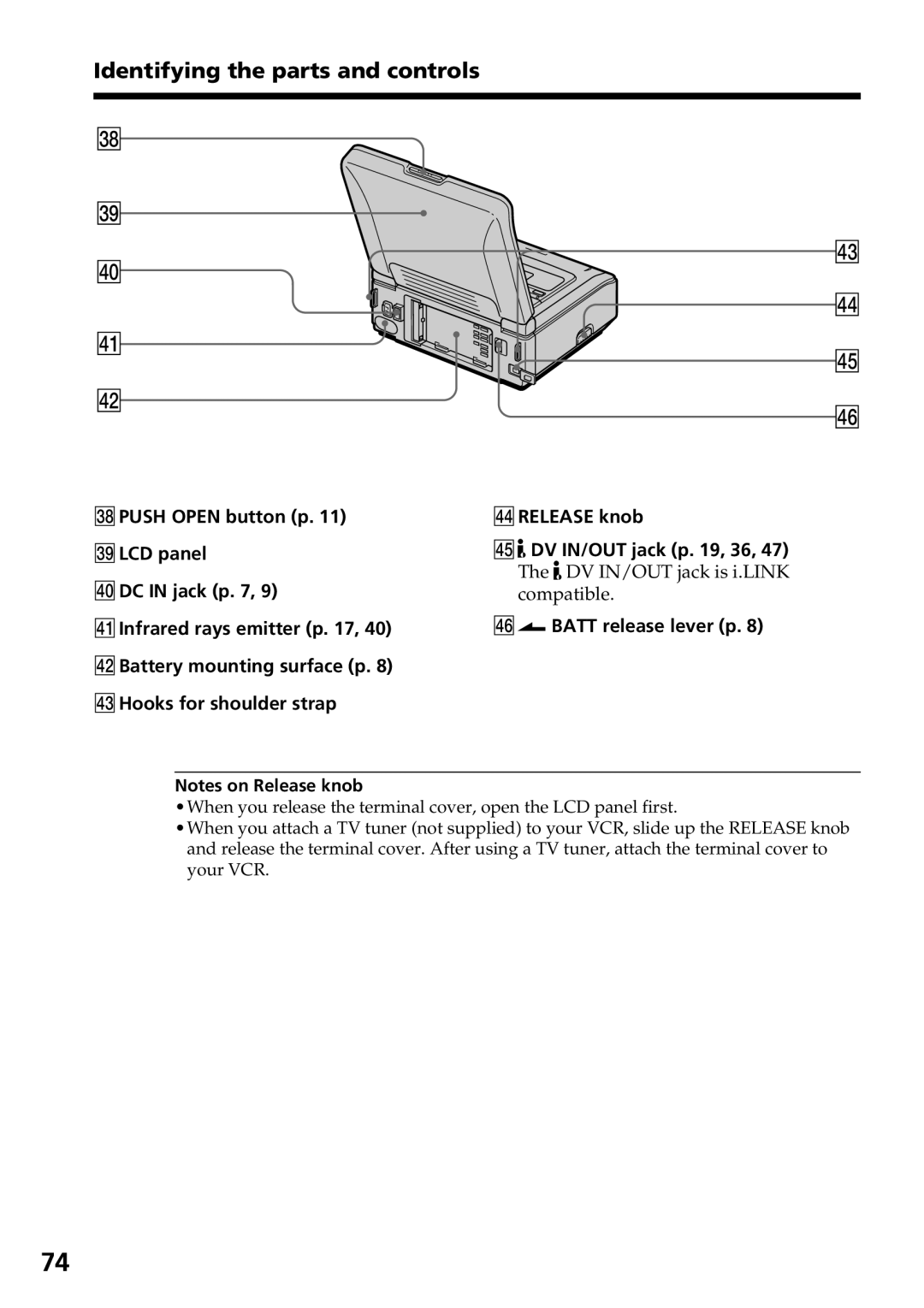 Sony GV-D800 manual Identifying the parts and controls 