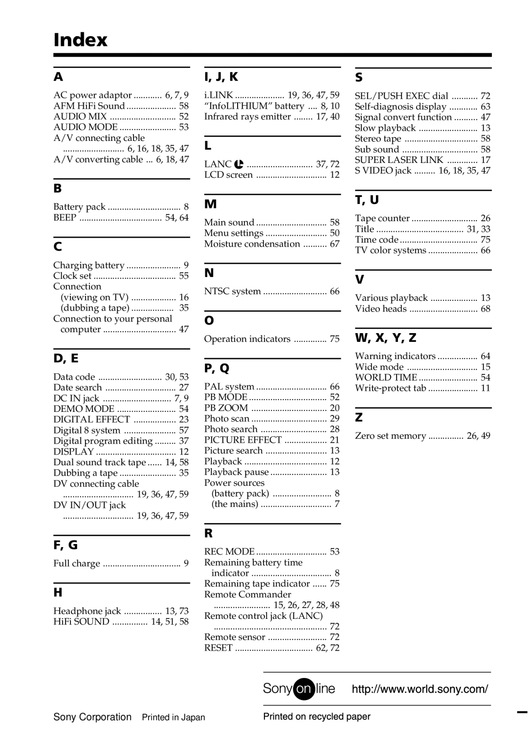 Sony GV-D800 manual Index, Y, Z 