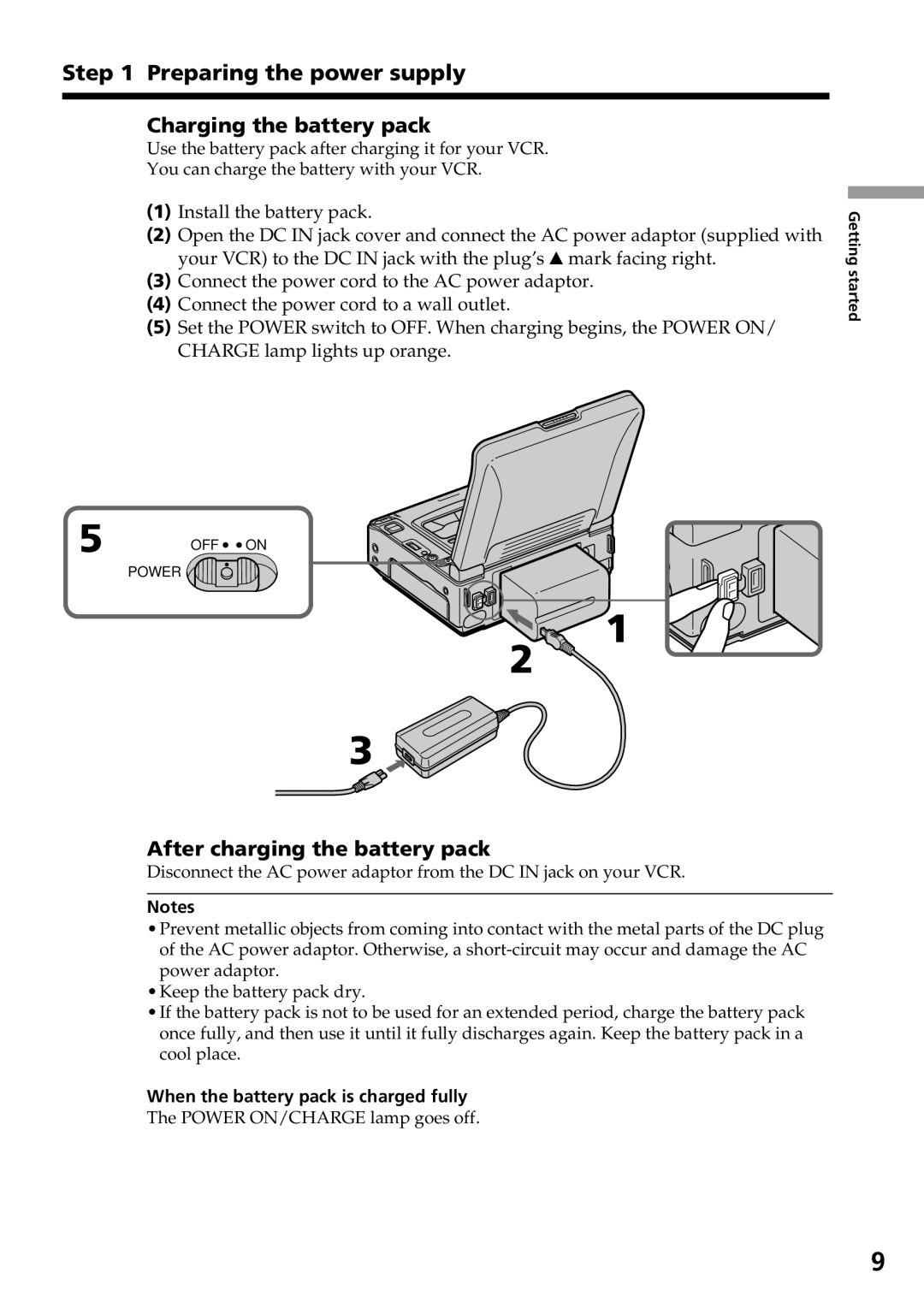 Sony GV-D800 manual Preparing the power supply Charging the battery pack, After charging the battery pack 