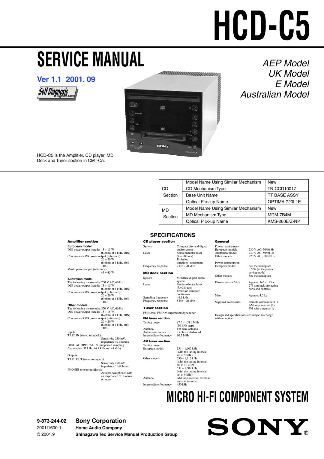 Sony HCD-C5 service manual Specifications, TT Base Assy, OPTIMA-720L1E, MDM-7B4M 