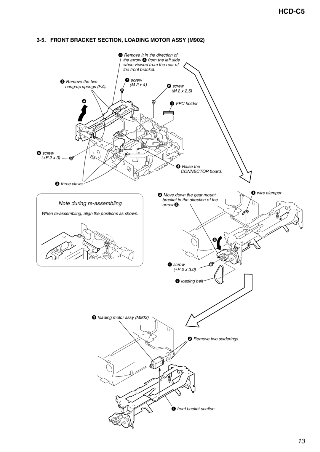 Sony HCD-C5 service manual Front Bracket SECTION, Loading Motor Assy M902 