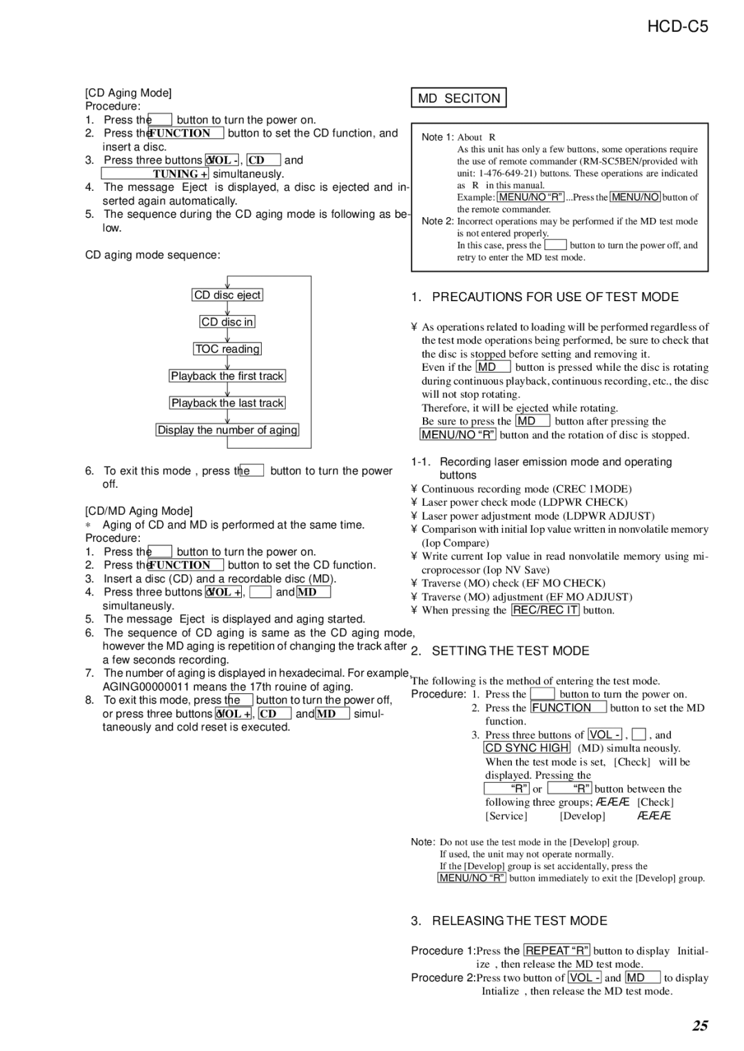 Sony HCD-C5 service manual MD Seciton, Precautions for USE of Test Mode, Setting the Test Mode, Releasing the Test Mode 