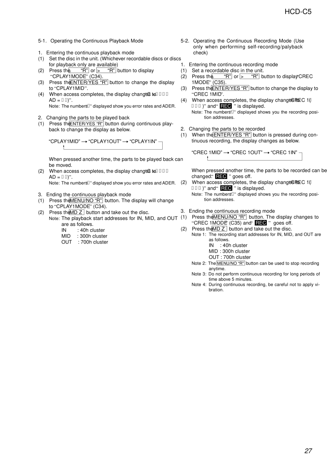 Sony HCD-C5 service manual Operating the Continuous Playback Mode 