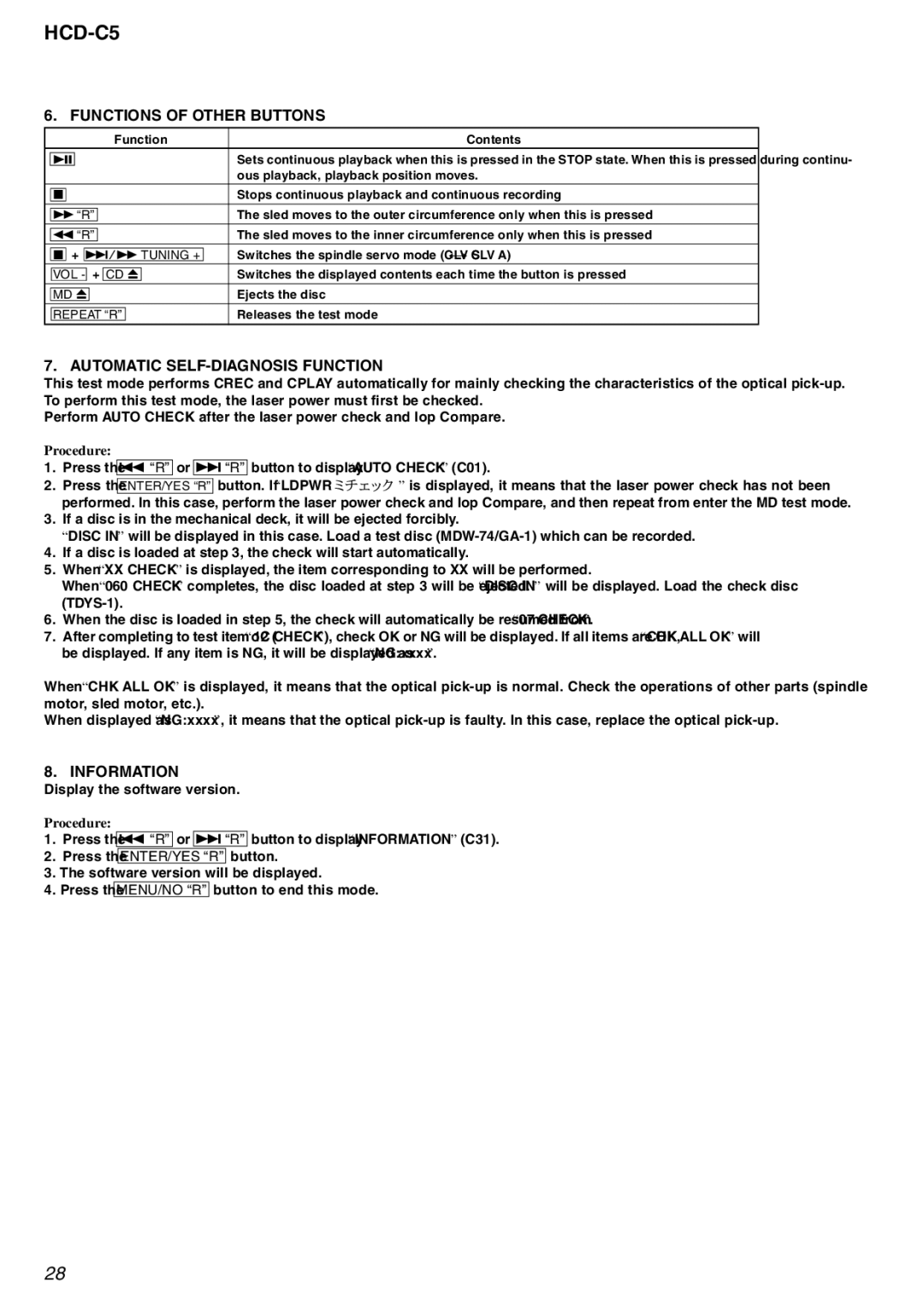 Sony HCD-C5 service manual Functions of Other Buttons, Automatic SELF-DIAGNOSIS Function, Information 