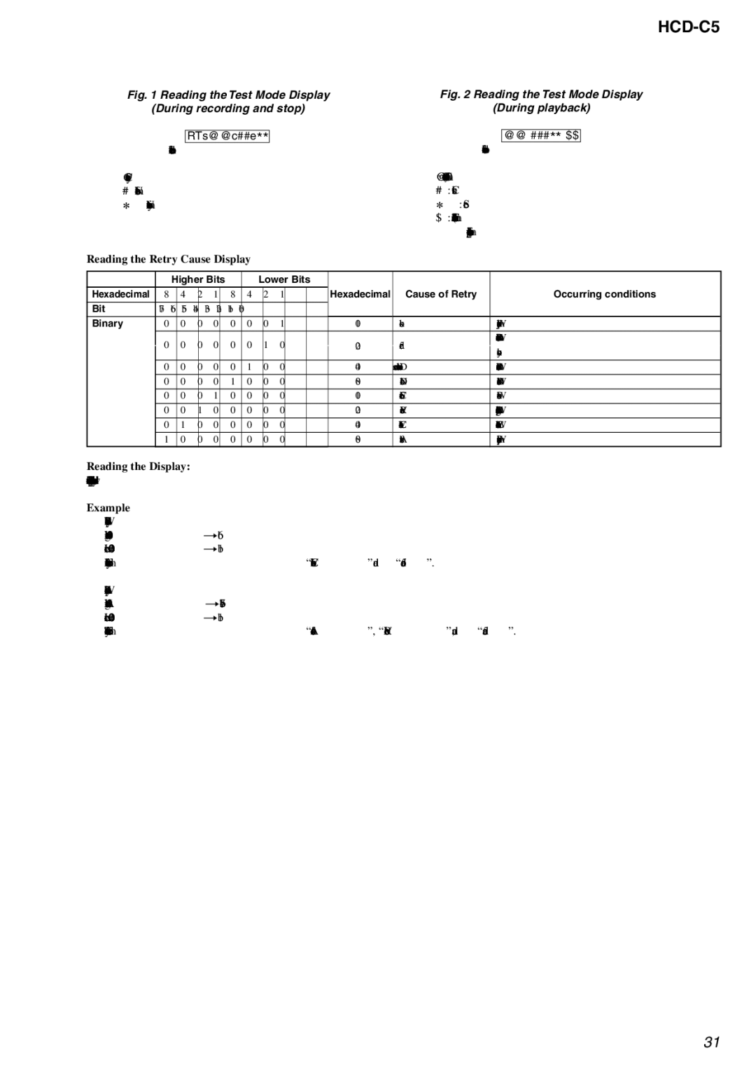 Sony HCD-C5 service manual Reading the Retry Cause Display, Reading the Display, Example 