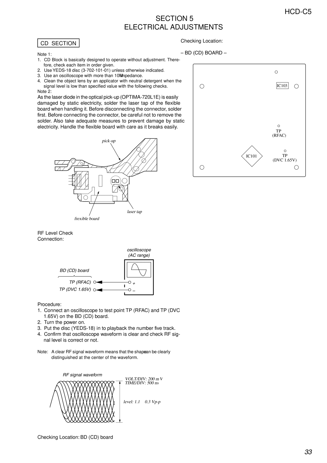 Sony service manual Section Electrical Adjustments HCD-C5, CD Section, RF Level Check 