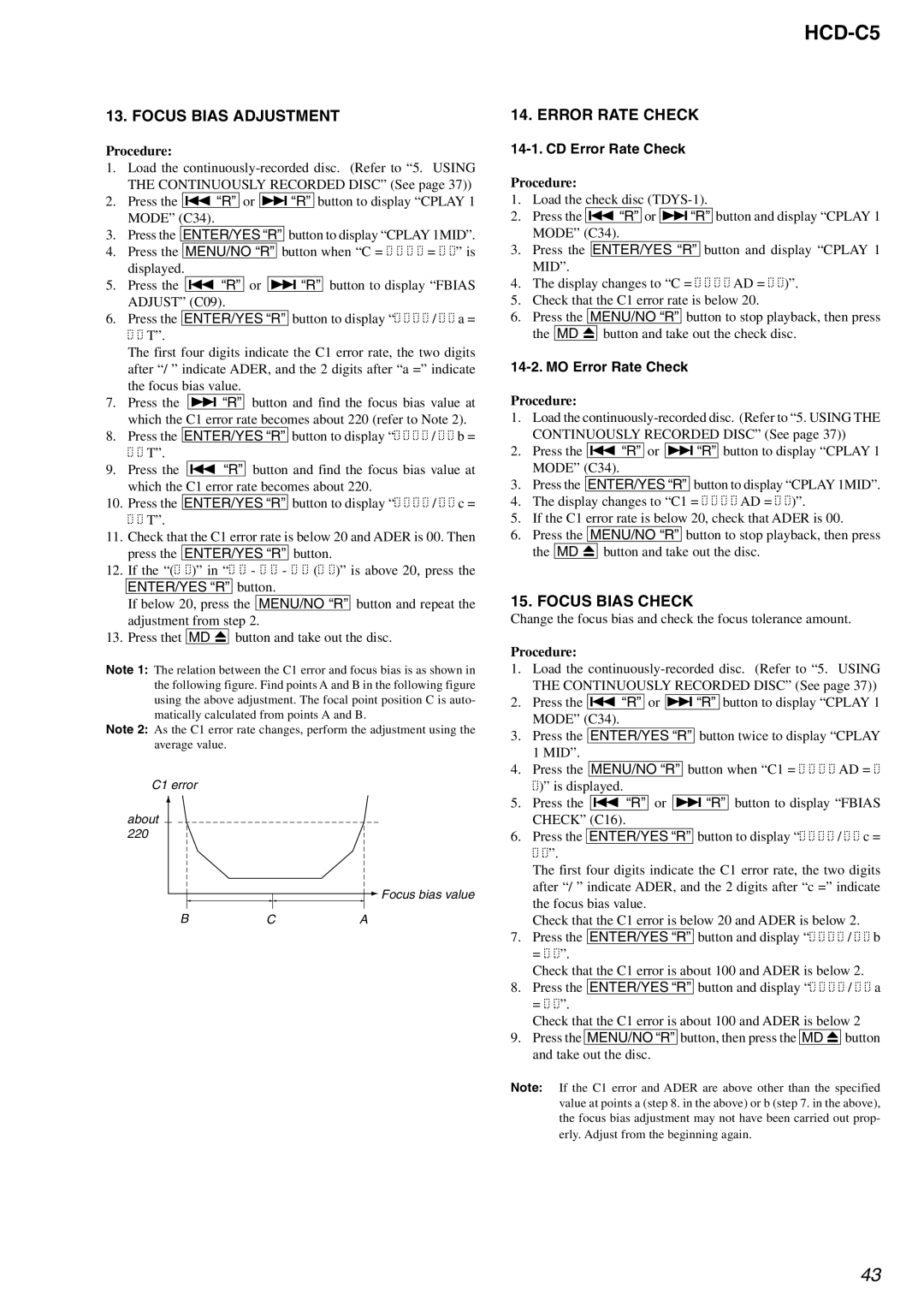 Sony HCD-C5 service manual Focus Bias Adjustment, Focus Bias Check, CD Error Rate Check, MO Error Rate Check 