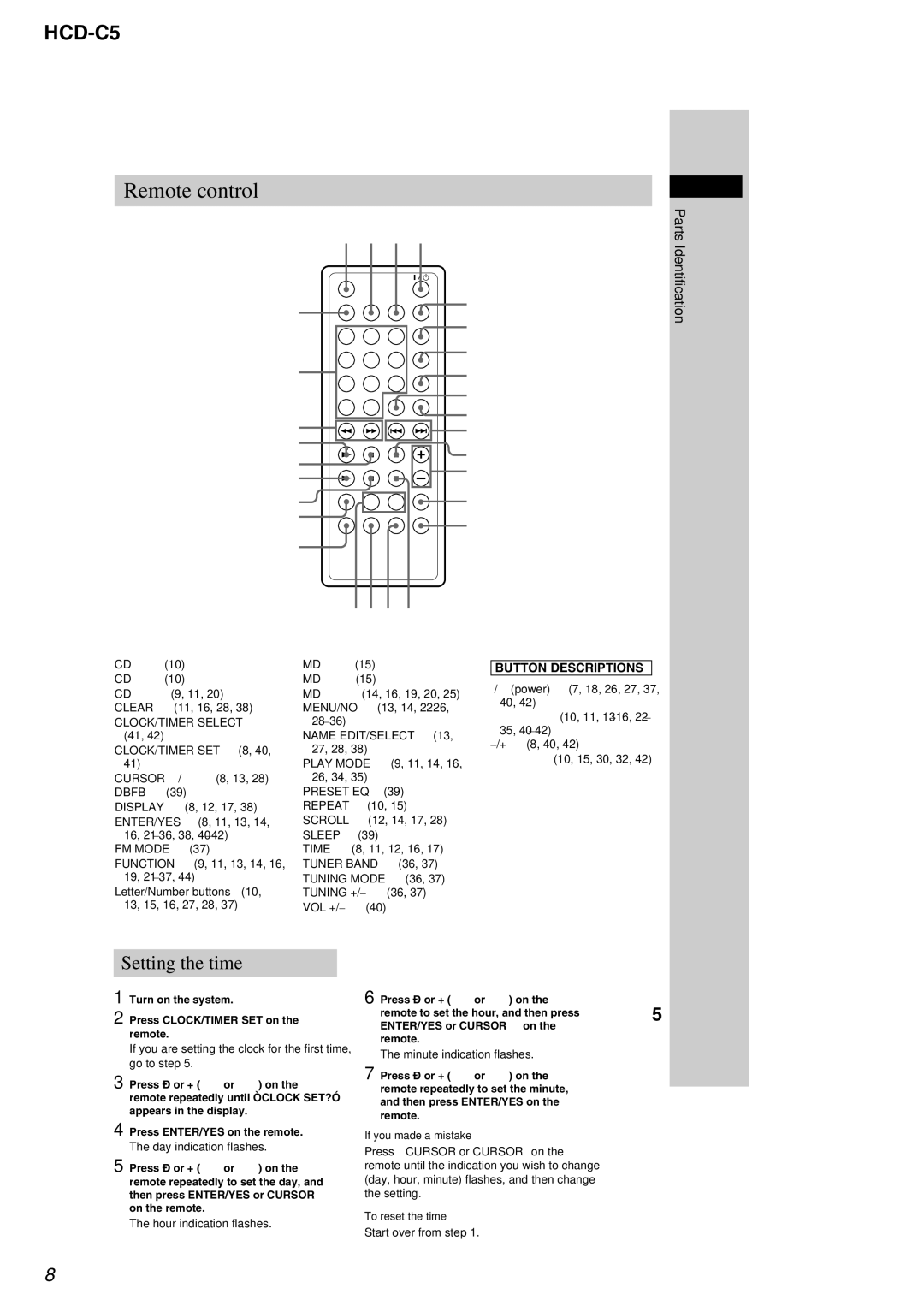 Sony HCD-C5 service manual Remote control, Parts Identification 