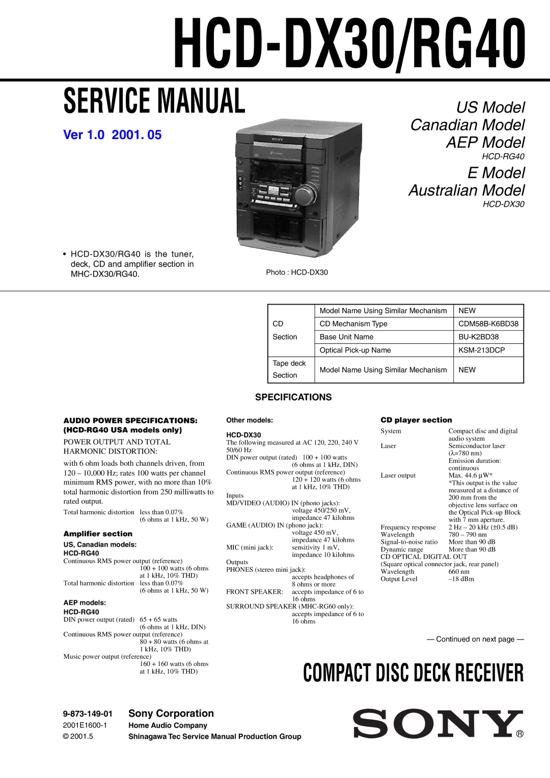 Sony HCD-RG40, HCD-DX30 specifications Specifications, New, KSM-213DCP 